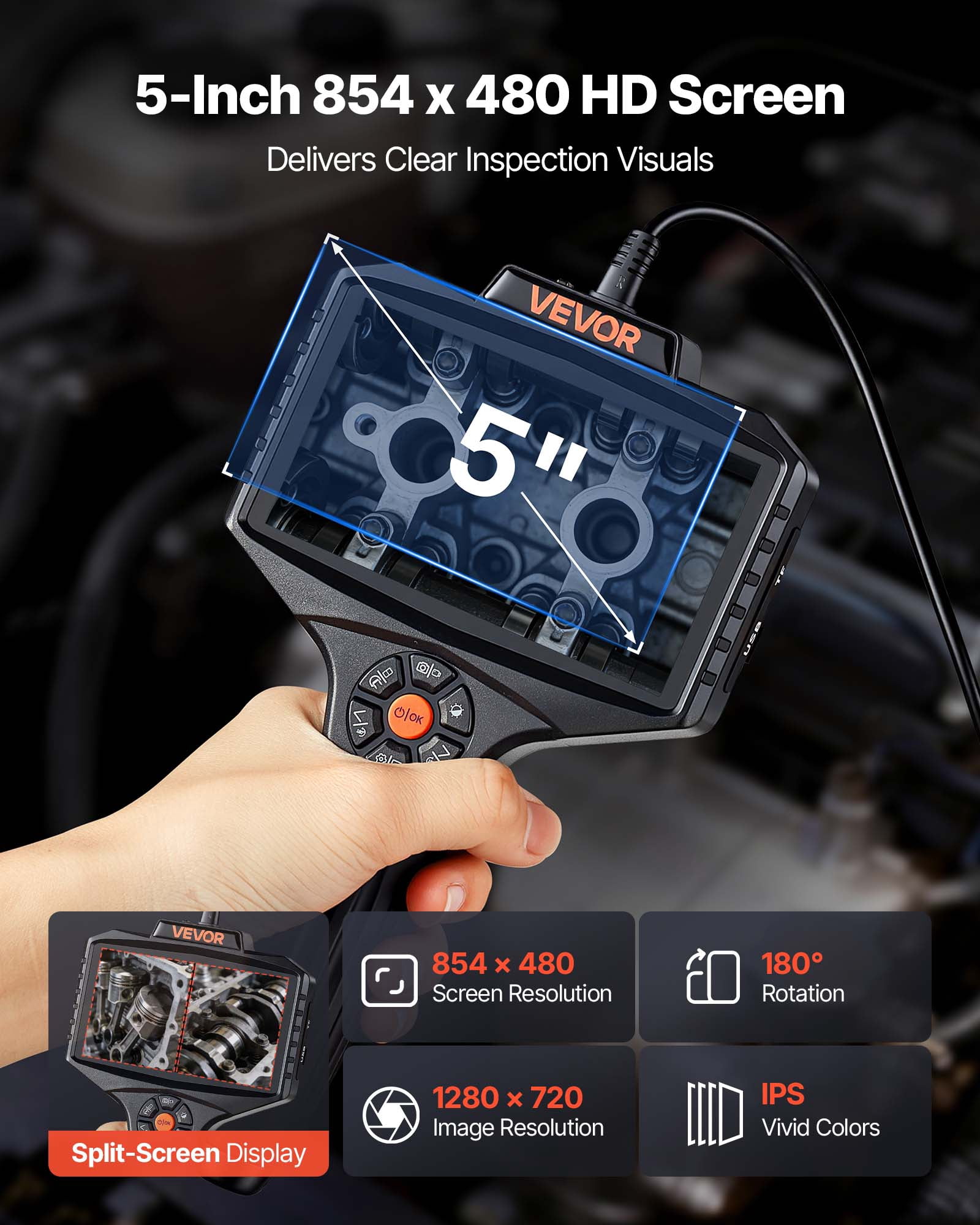 VEVOR Endoscope with Light, 360° View Coverage Industrial Borescope Inspection Camera with Rotating Probe, 1080P HD Rigid Snake Scope Cam for Wall Automotive Engine Inspect-16.4FT