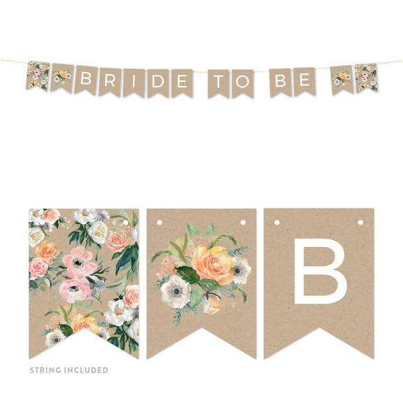Peach Coral Kraft Brown Rustic Floral Garden Party Wedding, Hanging Pennant Party Banner with String, Bridal Shower