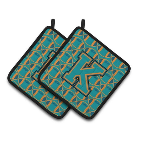 

Carolines Treasures CJ1063-KPTHD Letter K Football Aqua Orange and Marine Blue Pair of Pot Holders 7.5HX7.5W