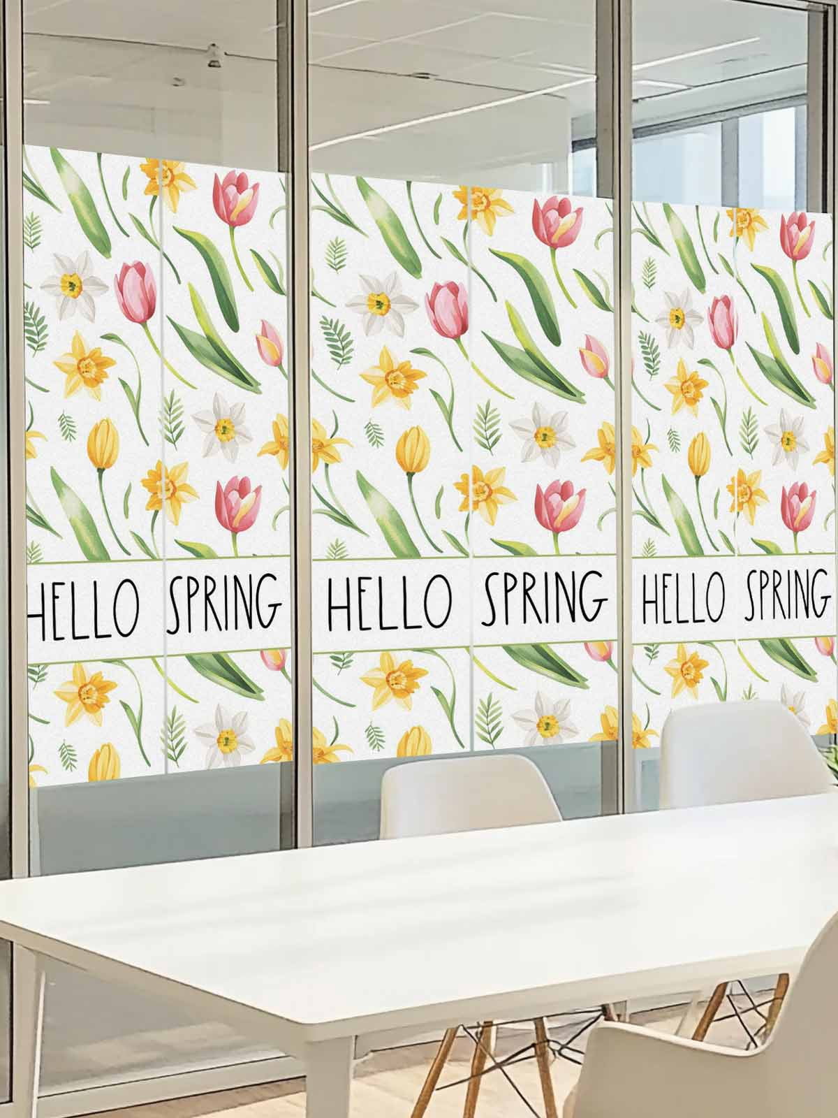 Hello Spring Window Privacy Film, Yellow Pink Tulip Flowers Green Leaf Pastoral Frosted Glass Window Clings Static Cling UV Heat Blocking Reusable Door Sticker for Bathroom 23.6 x 59 Inch