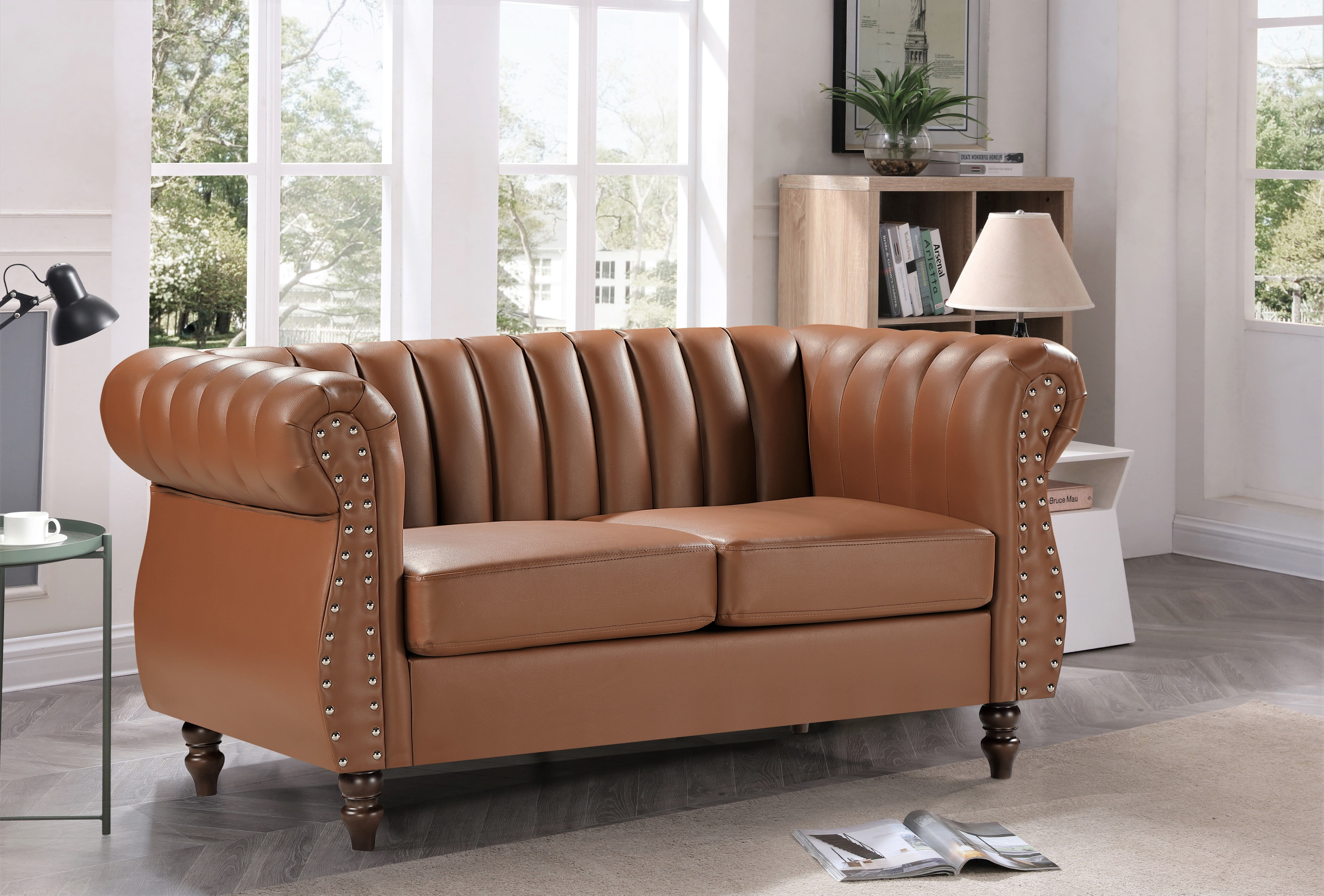 Uspridefurniture Faux Leather Rolled Arms Loveseat, Brown