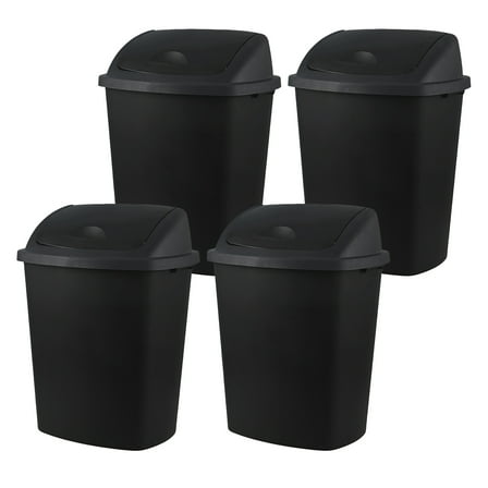 Hespama Set of 4 Large Garbage Bins with Swing Lids, 70 Liter Black Plastic Trash Cans