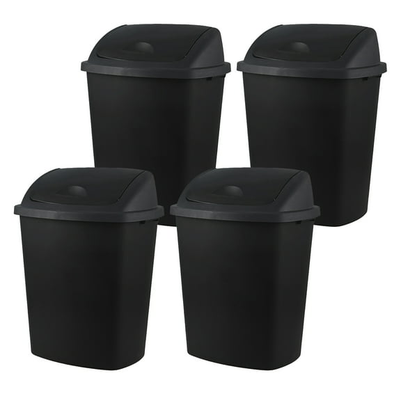Hespama Set of 4 Large Garbage Bins with Swing Lids, 70 Liter Black Plastic Trash Cans