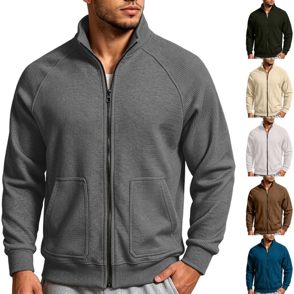 Men Full Zip Knit Cardigan Sevevn Long Sleeve Ribbed Stand Collar Sweater Jacket With Dual Side Hand Pockets Loose Fit Outerwear For Daily Casual And Travel Occasions