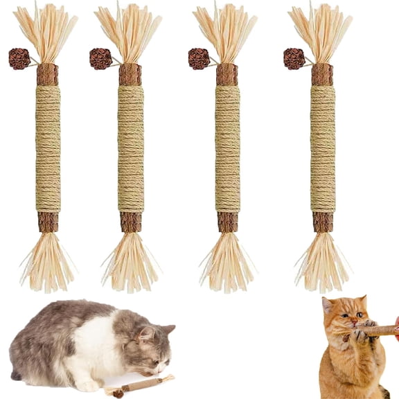 4 Pack Cat Chew Sticks Silvervine Dental Sticks for Cats Raffia Wrapped Cat Teeth Toys Interactive Cat Toys for Indoor Cats Kitten Oral Toys for Play and Dental Care