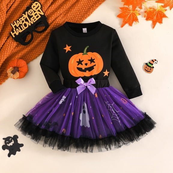 OSOLU Girls 2 Piece Outfit Halloween Pumpkin Ghost Print Long Sleeve Top Tulle Skirt Set Purple