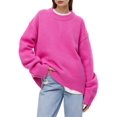 thumbnail image 3 of Women'S Sweater Crew Neck Long Sleeve Pullover Loose Fit Soft Knit Ribbed Hem Fall Winter Outfit Rose Red One size, 3 of 9