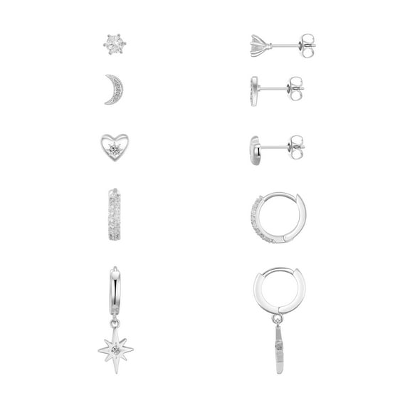 Believe by Brilliance Women's Cubic Zirconia Moon Star Heart Stud Hoop Earring Set