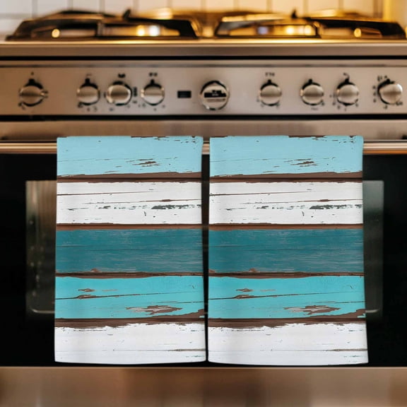 Turquoise Teal Kitchen Towels Set of 3, Farmhouse Retro Ombre Wooden Grain Absorbent Dish Towels for Kitchen, Microfiber Hand Towel, Quick Drying Tea Towel for Cleaning Decorative Dishcloths