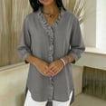 thumbnail image 5 of Women's Long Sleeve Blouses Plus Size with Faux Denim V-Neck and Ruffled Three Quarter Sleeve, 5 of 5