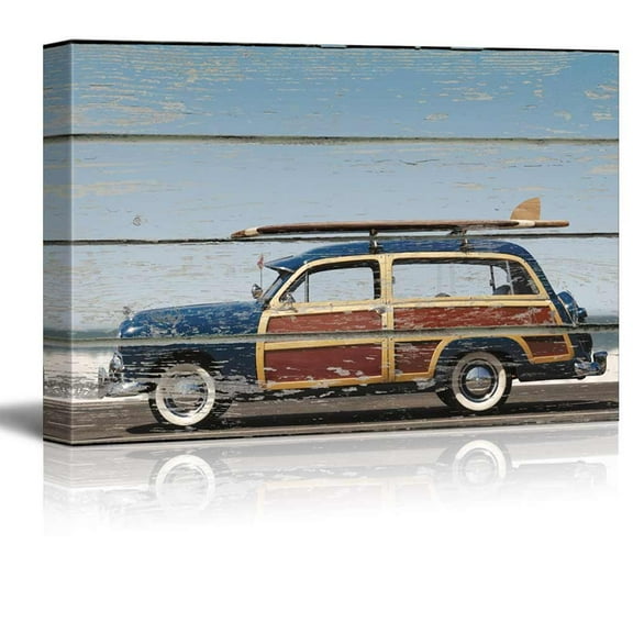 wall26 - Woodie Car with a Surfboard on it Sitting by The Beach - Canvas Art Home Art - 12x18 inches