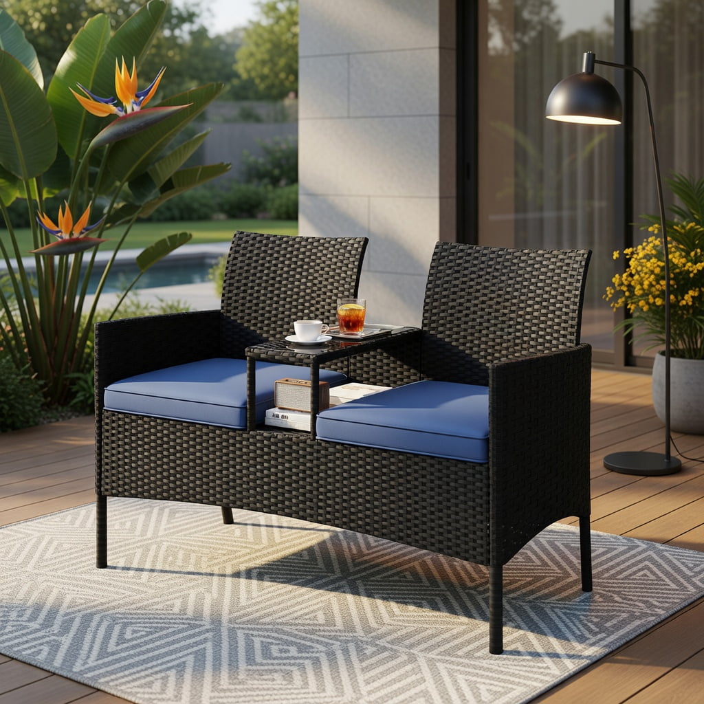Hommoo Outdoor Loveseat with Built-in Tempered Glass Table, PE Rattan Patio Sofa for Backyard, Porch, Poolside, Navy