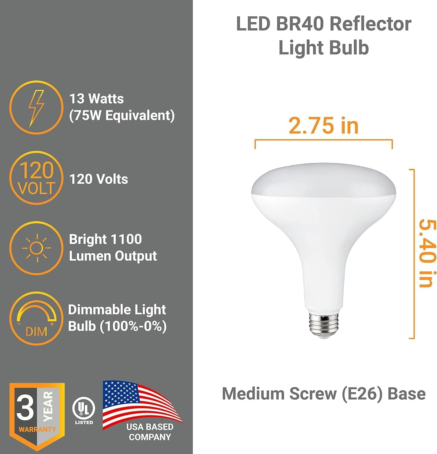 Diodesy- Pack of 6 BR40/LED/13W/65K BR40 LED Reflector Light Bulb, Indoor Flood Light, CRI80, 6500K Daylight, 13W (75W Equivalent), 1100 Lumen, Interior Dimmable Recessed Can Light Bulbs, UL Listed
