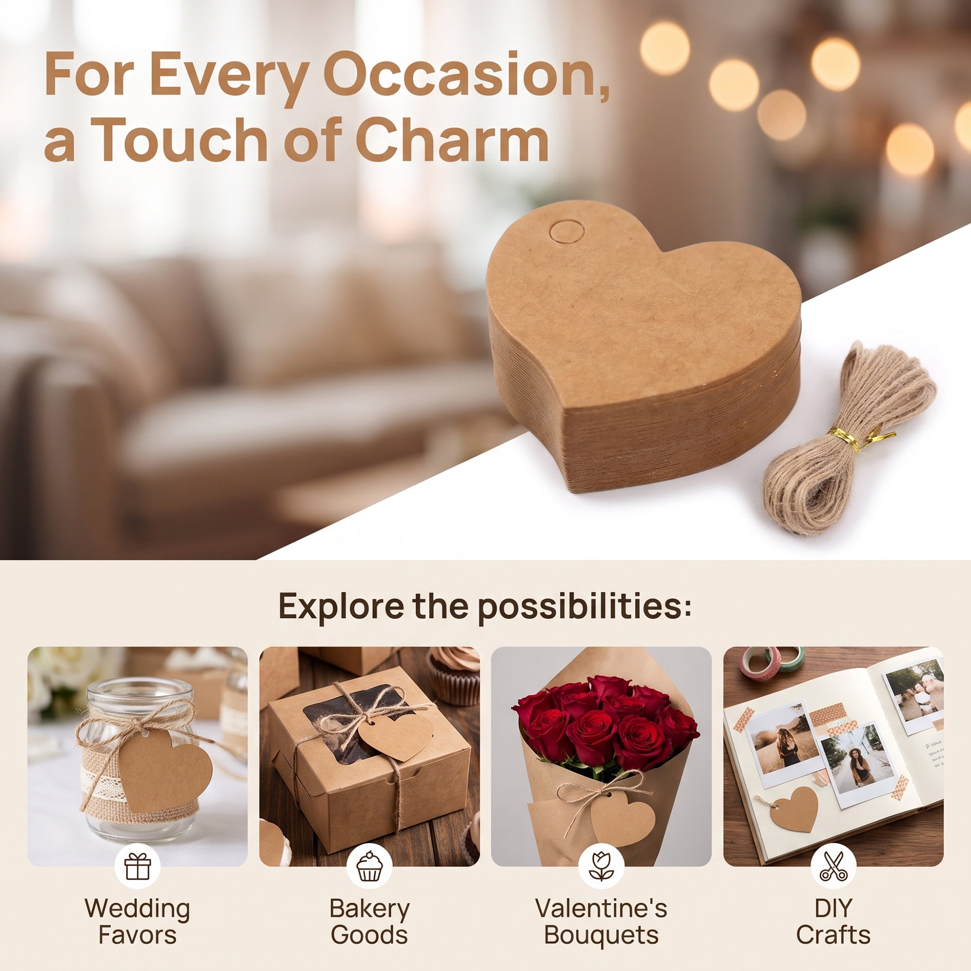 Unique Bargains Heart Shaped Gift Tags with Natural Twine for Weddings 1.8" x 1.6" Brown
