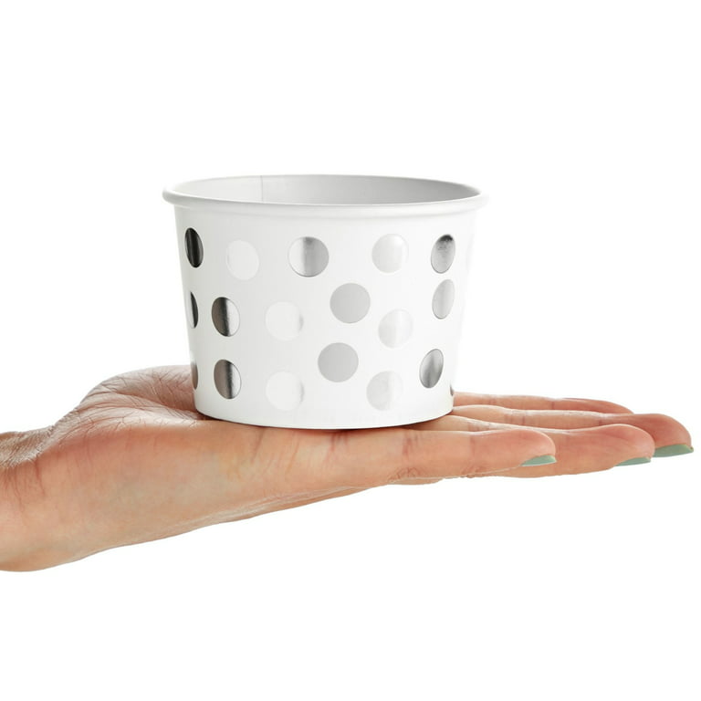 8 oz Paper Ice Cream Cups, Disposable Dessert Bowls with Silver Polka Dots (50 Pack)