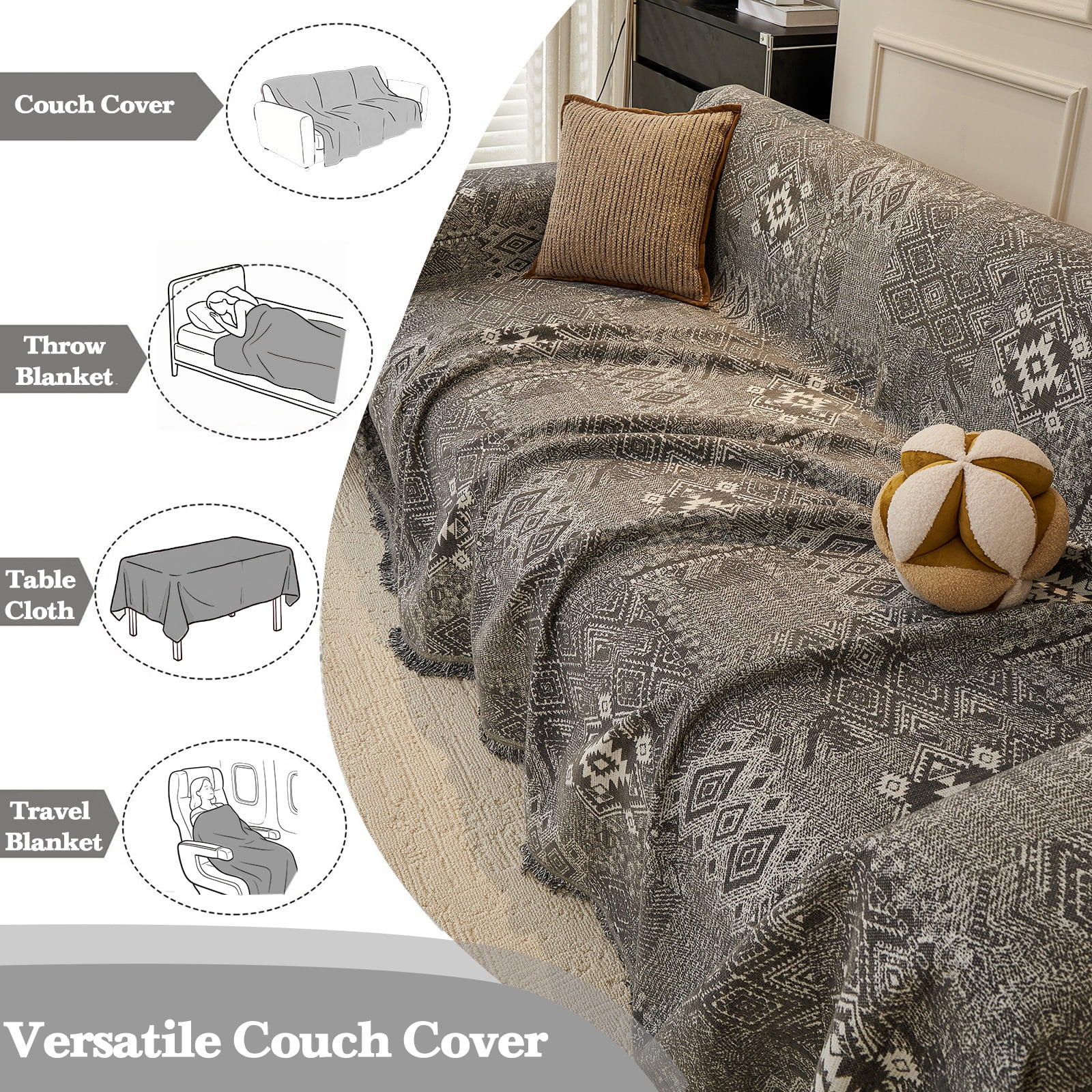Sanmadrola Reversible Sofa Covers for 3 Cushion Couch, Geometric Jacquard Chenille Slipcover, L Shape Sectional Couch Cover with Tassels, Washable Furniture Protector for Dogs Cats Pet, 71"x118"