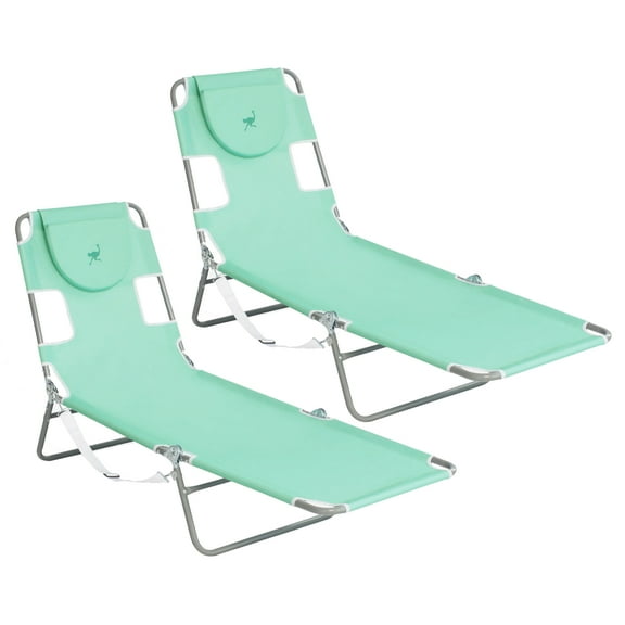 Ostrich Chaise Lounge Folding Sunbathing Recliner Lawn Chair, Teal (2 Pack)