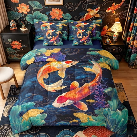 Castle Fairy Luxe Gold Line Koi Carp Full Size Bedding Sets 7 Pieces Oriental Lotus Dark Wave Art Full Size Bed in a Bag Orange Navy Navy Blue Reversible