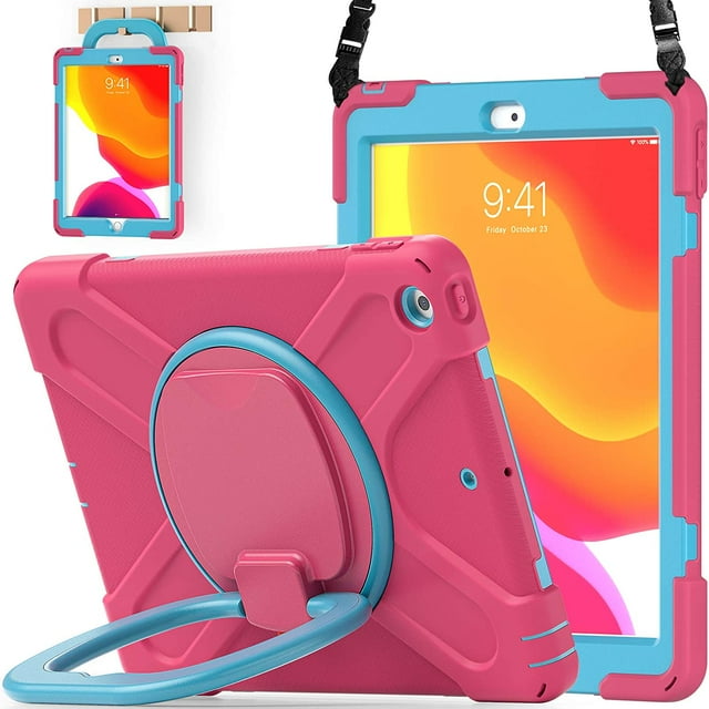 KOMI for iPad 9th/ 8th/ 7th Generation Case (iPad 10.2 inch Rugged Case 2021/2020/2019) with Screen Protector, Rotating Stand/Pencil Holder/Carrying Shoulder Strap Ring Kickstand (Rose Blue)