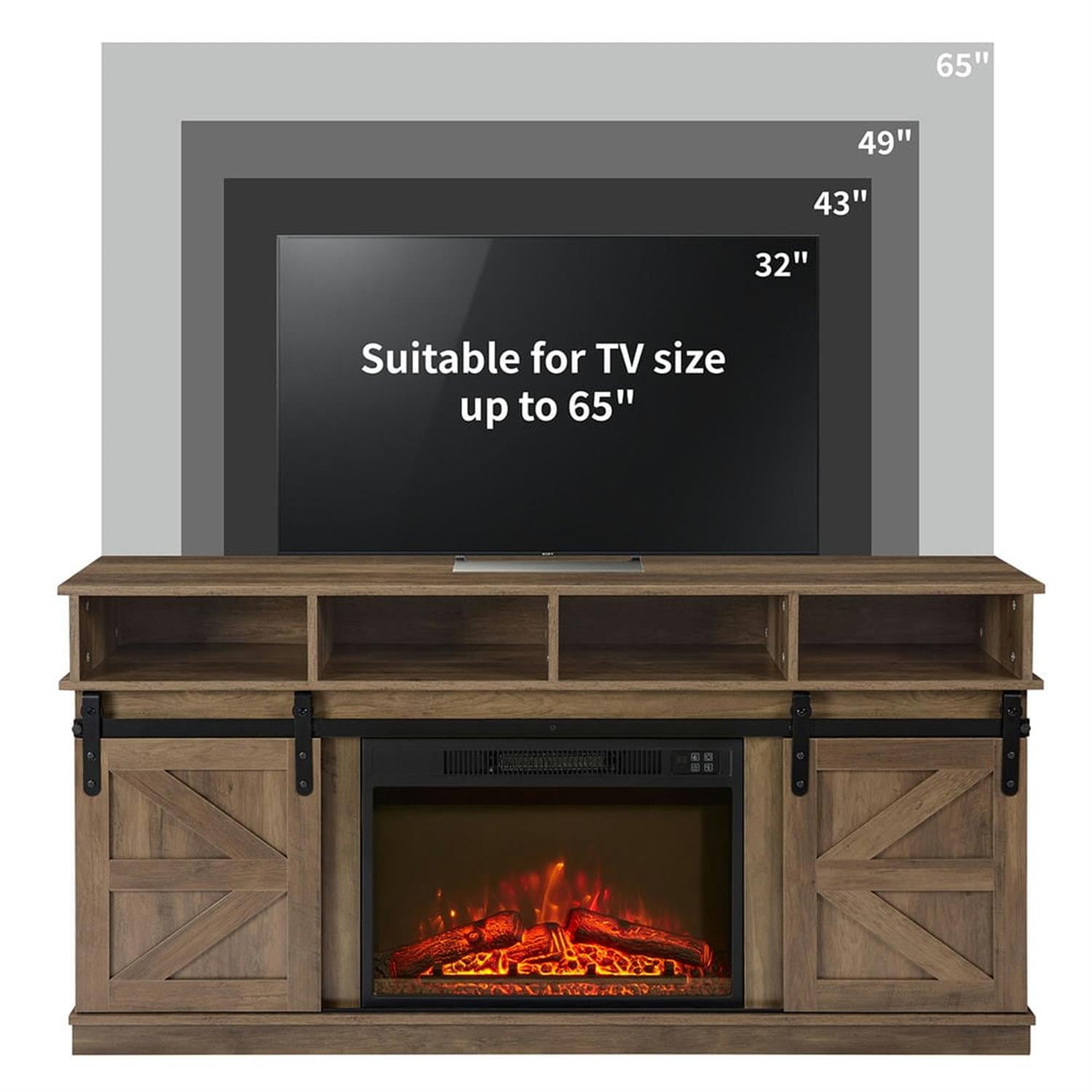 Demi Bonn Modern Farmhouse TV Media Stand for TV Up to 65'', Large Barn Inspired Home Entertainment Console with 23" Fireplace Insert, Open Shelves and Closed Cabinets, Brown