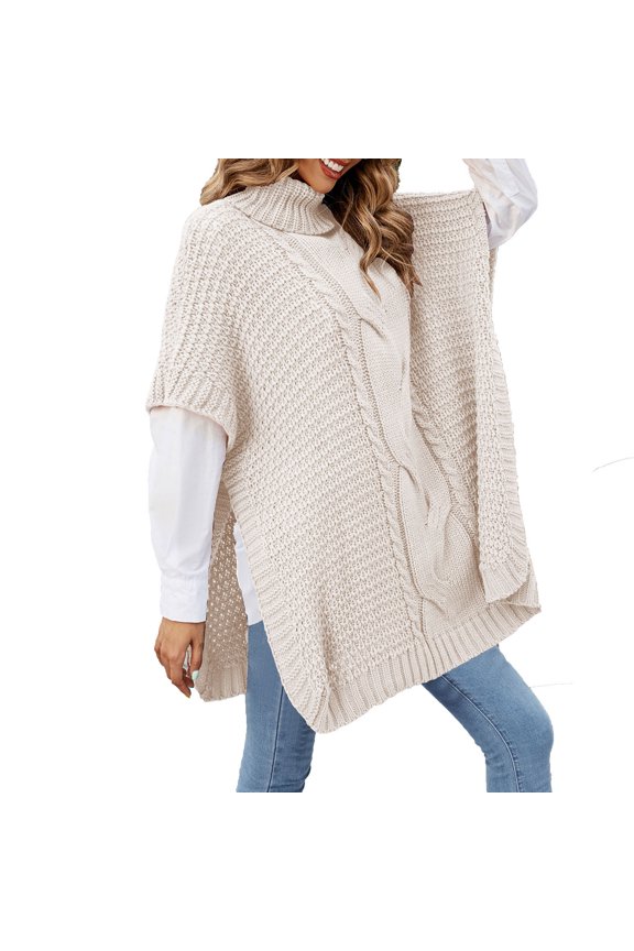 Women's Elbow-Length Full-Length Turtleneck Pullover Autumn And Winter High Neck Dough Shawl Sweater Loose Sweater, Beige