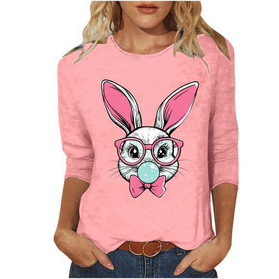 Women Easter Bunny T-Shirt 3/4 Sleeve Tee Crew Neck Blouses Spring Top Summer Outfits