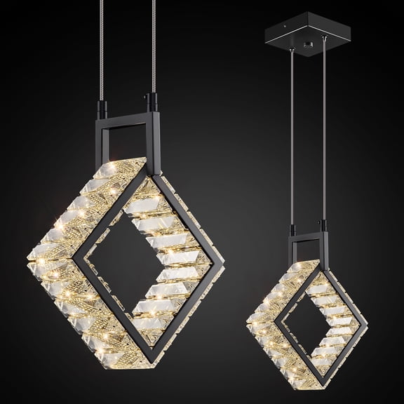 Deyidn Kitchen Island Mini Light Fixture Modern Led Crystal Pendant Light Black Square Chandelier for Dining Room Living Room Kitchen Bedroom Bar