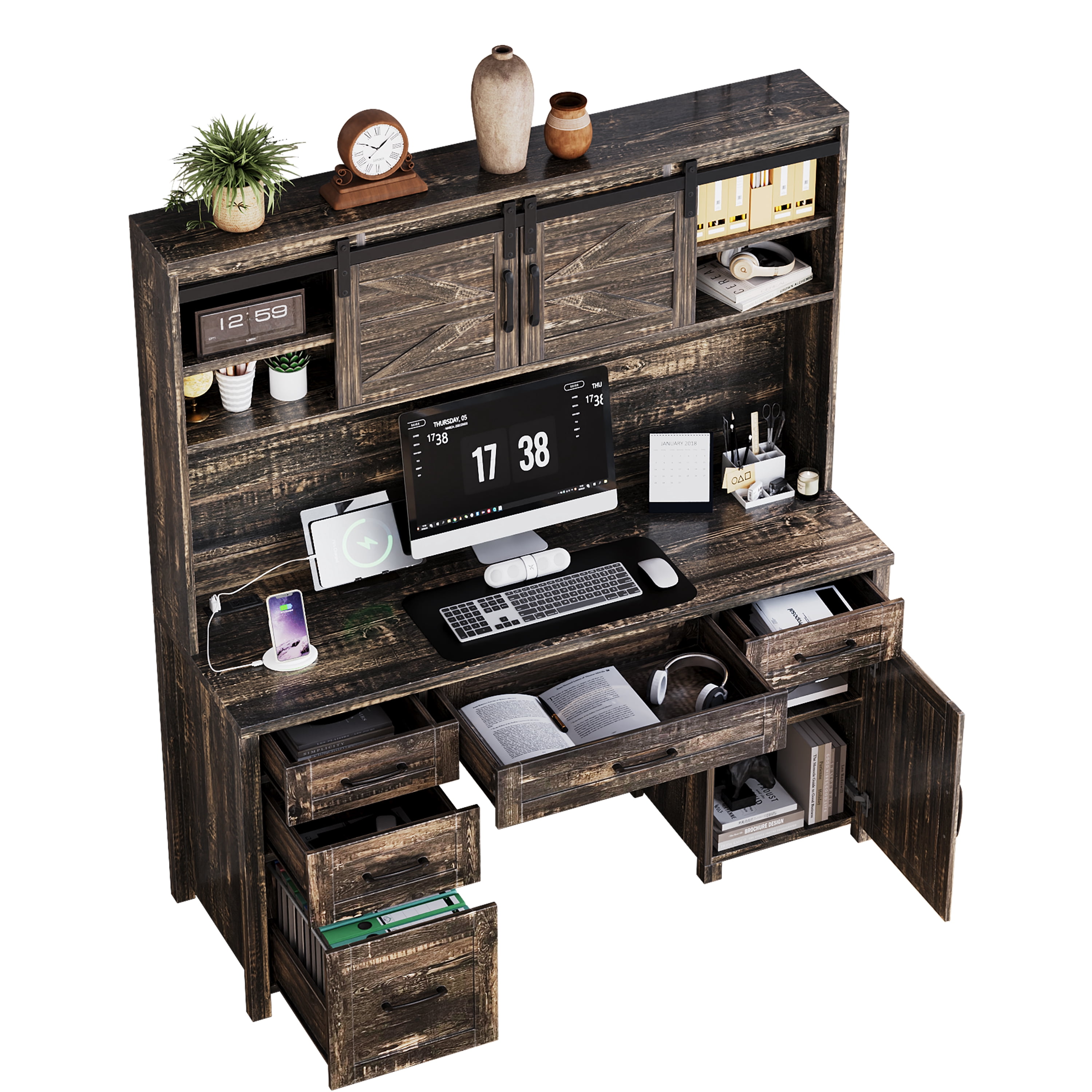 Mintazer Farmhouse Computer Desk with Storage Cabinets & Charging Station, Executive Desk with 2 Sliding Barn Doors and 5 Drawers & Adjustable Shelf for Home Office, Rustic Gray