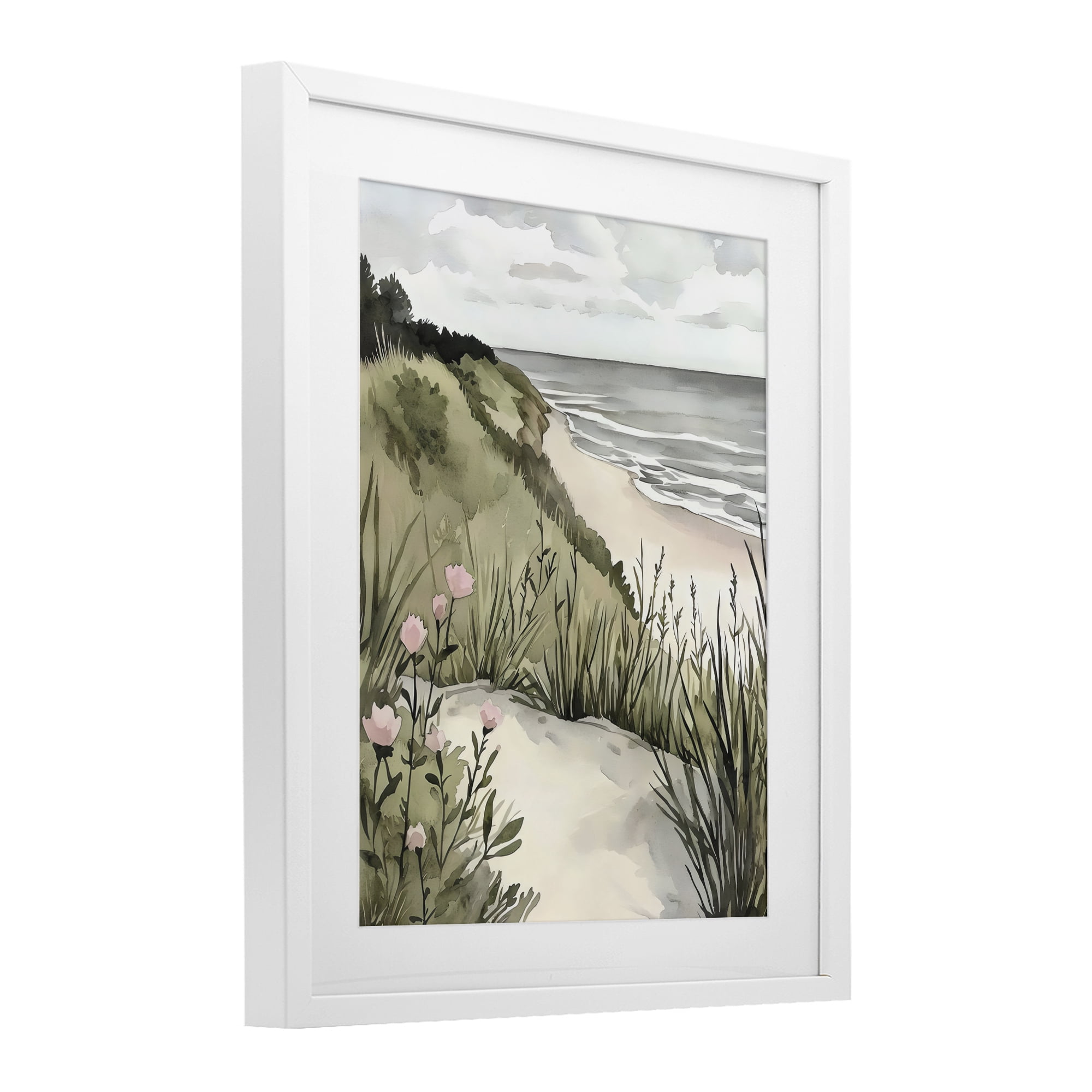 Stupell Industries Coastal Calm on Sandy Dunes White Framed Print Under Glass, design by Riley B