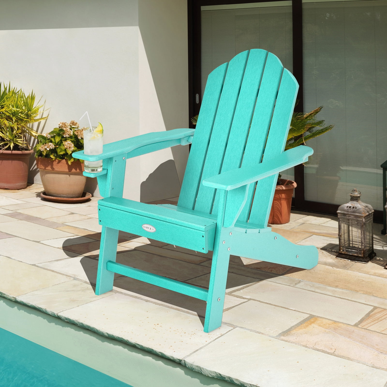 Patiojoy Adirondack Chair Outdoor with Cup Holde Weather Resistant Lounger Chair for Backyard Garden Patio and Deck Turquoise