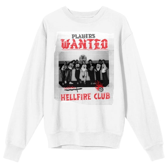 Stranger Things Hellfire Club Players Wanted Adult White Crew Neck Sweatshirt-Medium