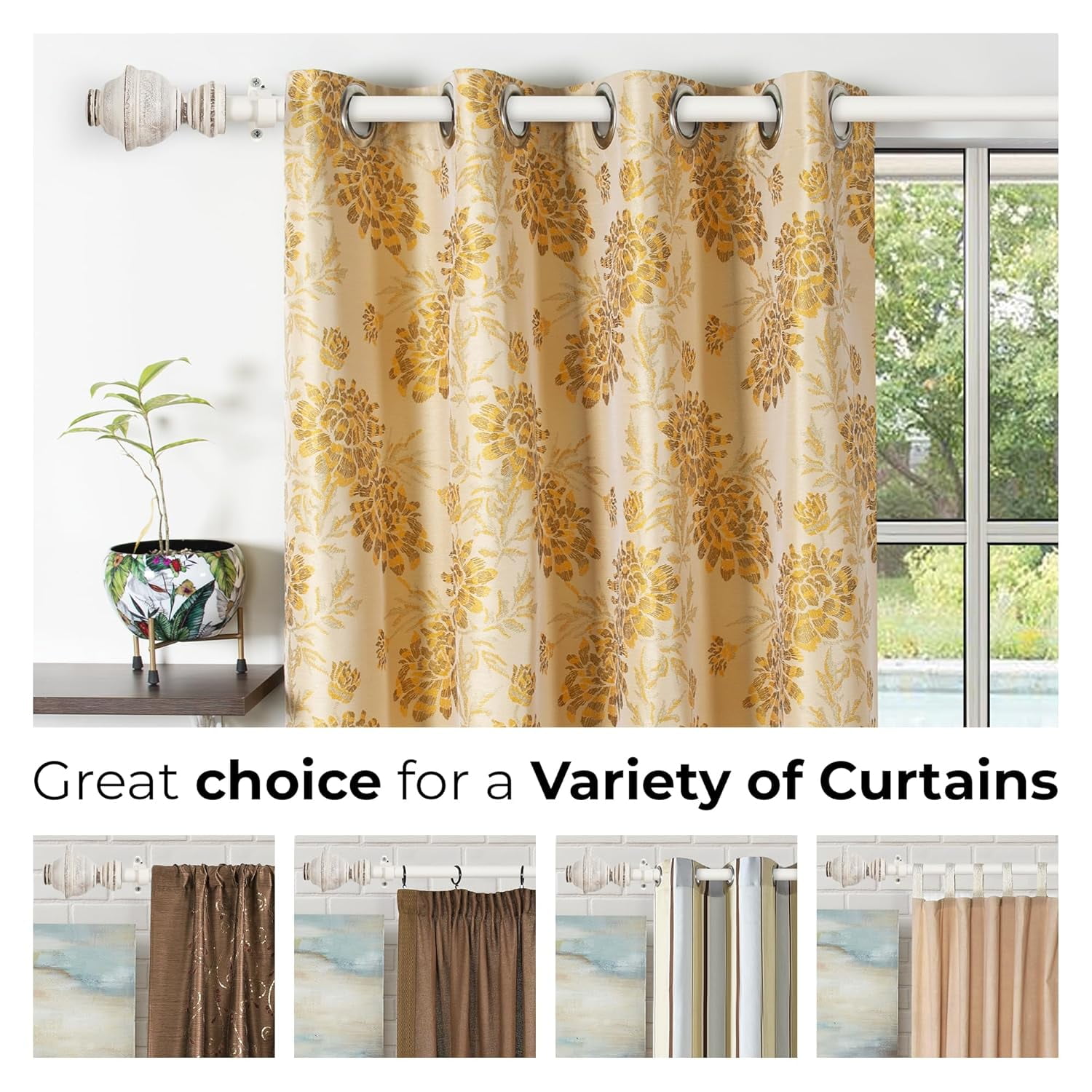 Deco Window Adjustable Curtain Rod for Windows 44 to 120 Inch (Pack of 1) Extendable Curtain Rod with Cambria Finial (Ivory)