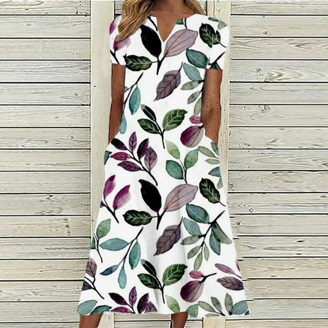 SMihono Robe d'Été Bohème pour Femmes Grande Taille Mode Décontractée d'Été avec Poches Manches Courtes Imprimée Col en V