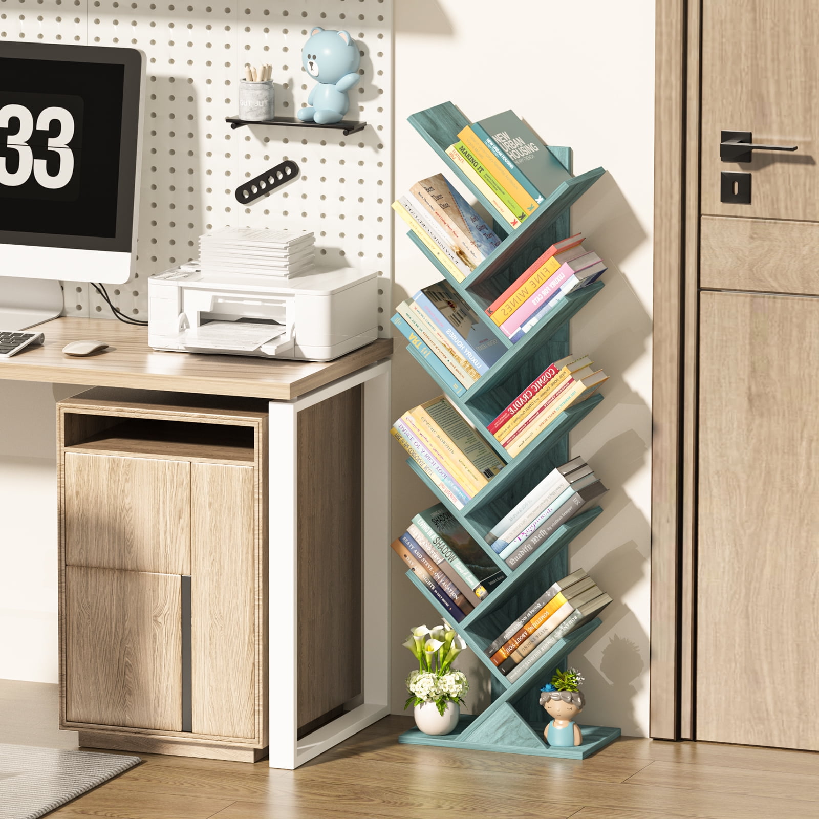 Tree Bookshelf 10-Tier Floor Standing Tree Bookcase, Wood Bookcase, Desk Display Bookshelves for Office, Study, Blue