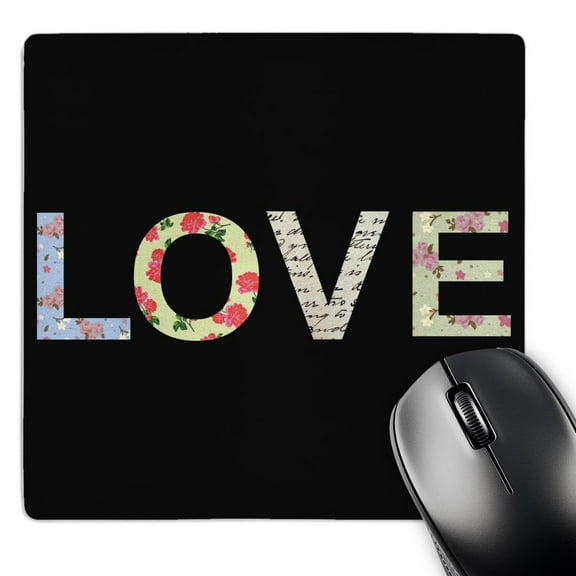 3dRose, Love - Romantic modern floral typography - girly flowery black contemporary valentine flower text, MousePad