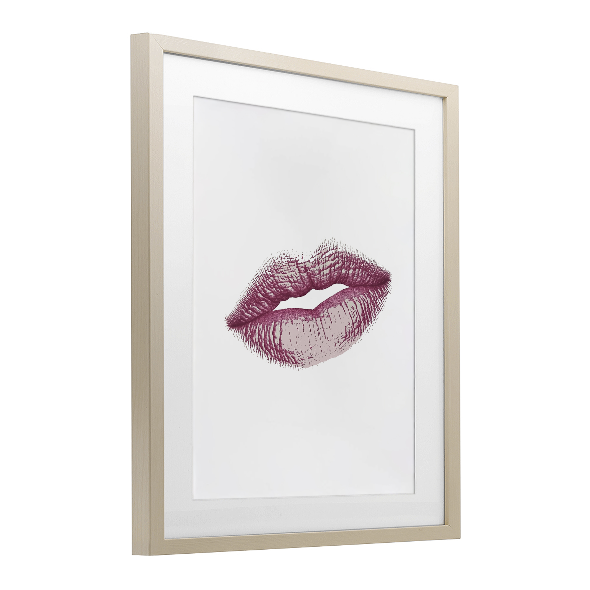 Feminine Pink Lips Glam Birch Framed Print Under Glass, design by Christine Simpson Art