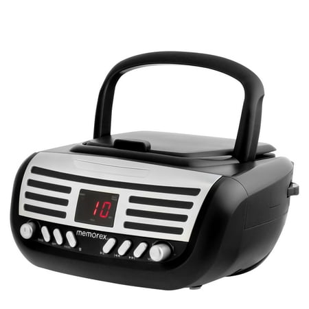 Memorex MX-BCD100(K) Retro Style Top Loading CD Player | Portable AM/FM Stereo Receiver with Programmable Memory, Red LED Display, and Foldable Carrying Handle (Black)