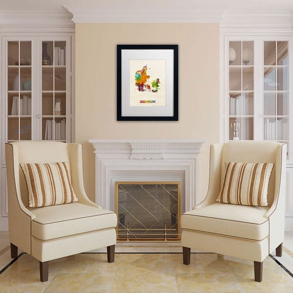 Trademark Fine Art "Denmark Watercolor Map" Canvas Art by Michael Tompsett, White Matte, Black Frame