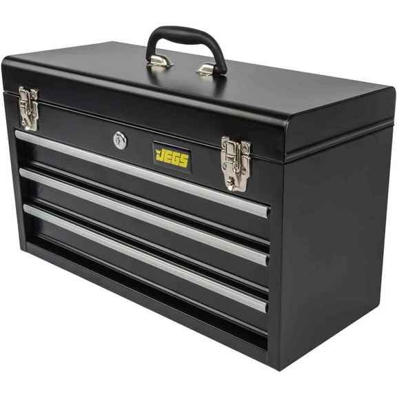 JEGS 3-Drawer Toolbox - Metal Toolbox with Ball-Bearing Drawer Slides - Rust-Resistant Latches - Black Powder Coat Finish - Includes Lock and Keys