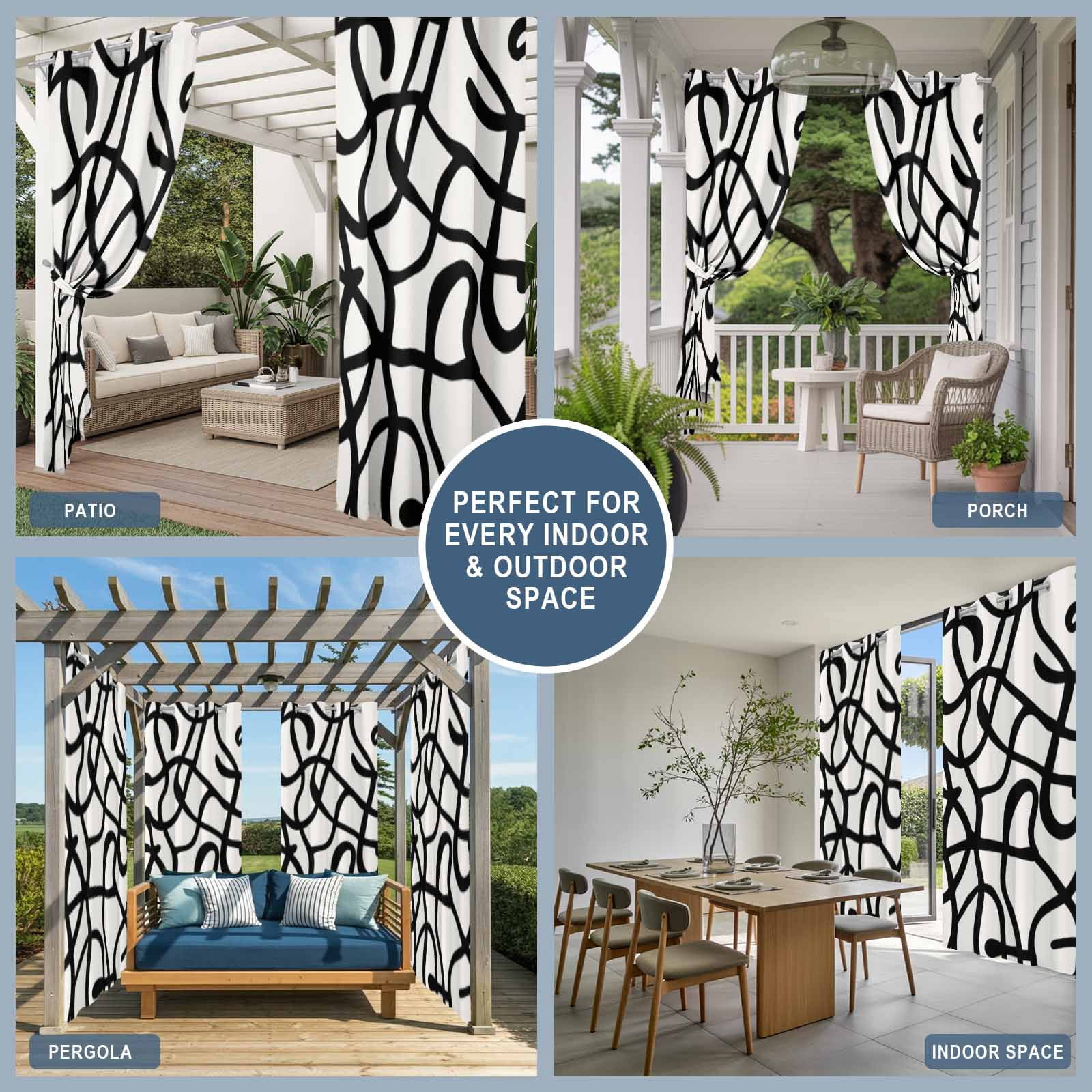 Abstract Line Outdoor Curtains for Patio, Retro Black Wave Line Art White Minimalist Sunshade Privacy Drapes Grommet Waterproof Outside Curtains for Porch/Cabana/Balcony 54"x 108", 1 Panel