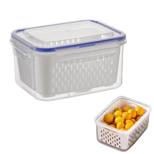 4 In 1 Food Storage Container, Fruit Saver Storage Containers for Fridge, Stackable Fruit Berry Containers with Lid & Removable Colander, Long-Term Freshness, Dishwasher Safe