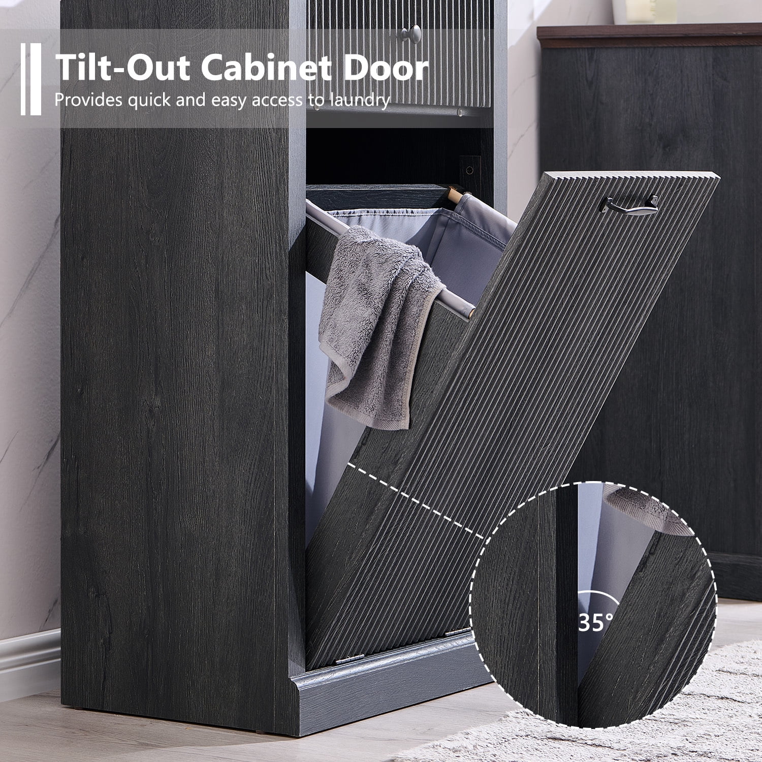 IFGET Fluted Tilt-Out Trash Can Cabinet, 10 Gallon Wood Hidden Garbage Can Cabinets with Storage Drawers, Laundry Hamper Cabinet for Bathroom, Kitchen