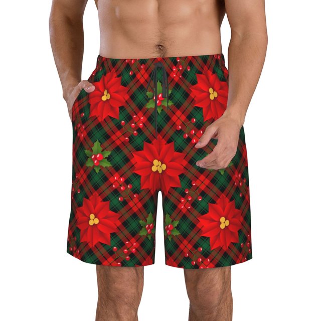 Fotbe Christmas Plaid Flower Trajes de Baño Estampados para Hombre, Shorts de Verano de Secado Rápido, Ropa de Playa, Bañadores-Large