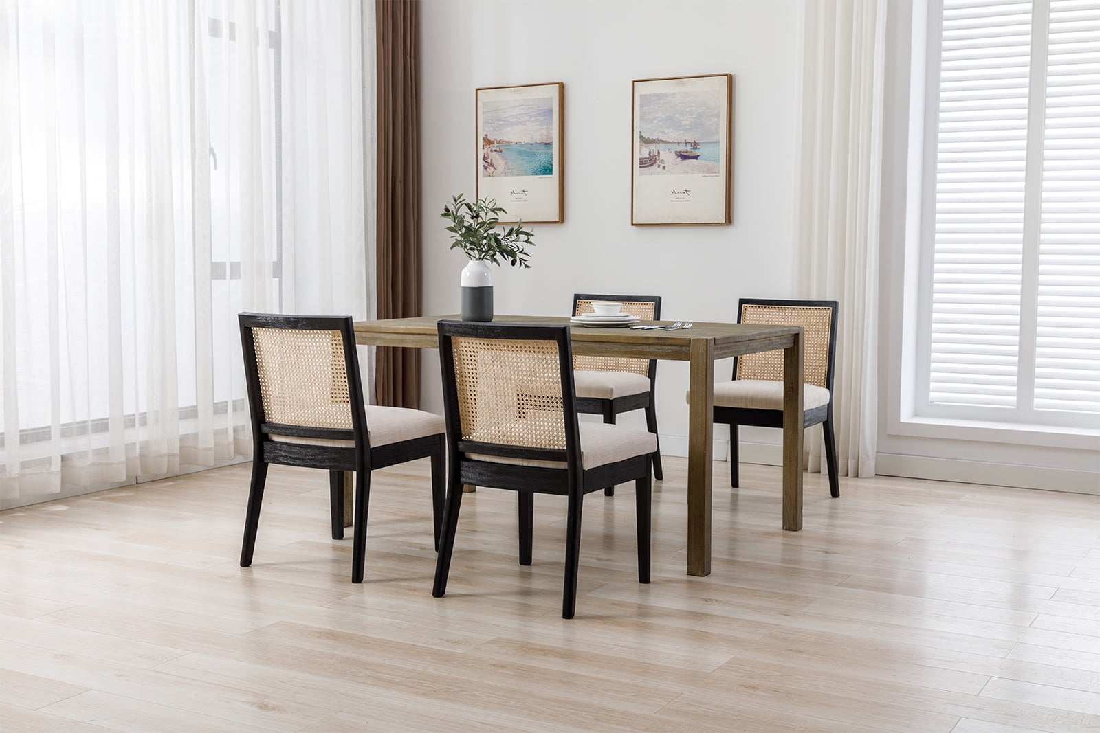 Dayalane Farmhouse Rattan Dining Chairs Set of 2, Mid Century Modern Dining Side Chairs with Black Hardwood Frame, Linen Upholstered French Country Kitchen Chairs for Dining Room Bistro, Beige