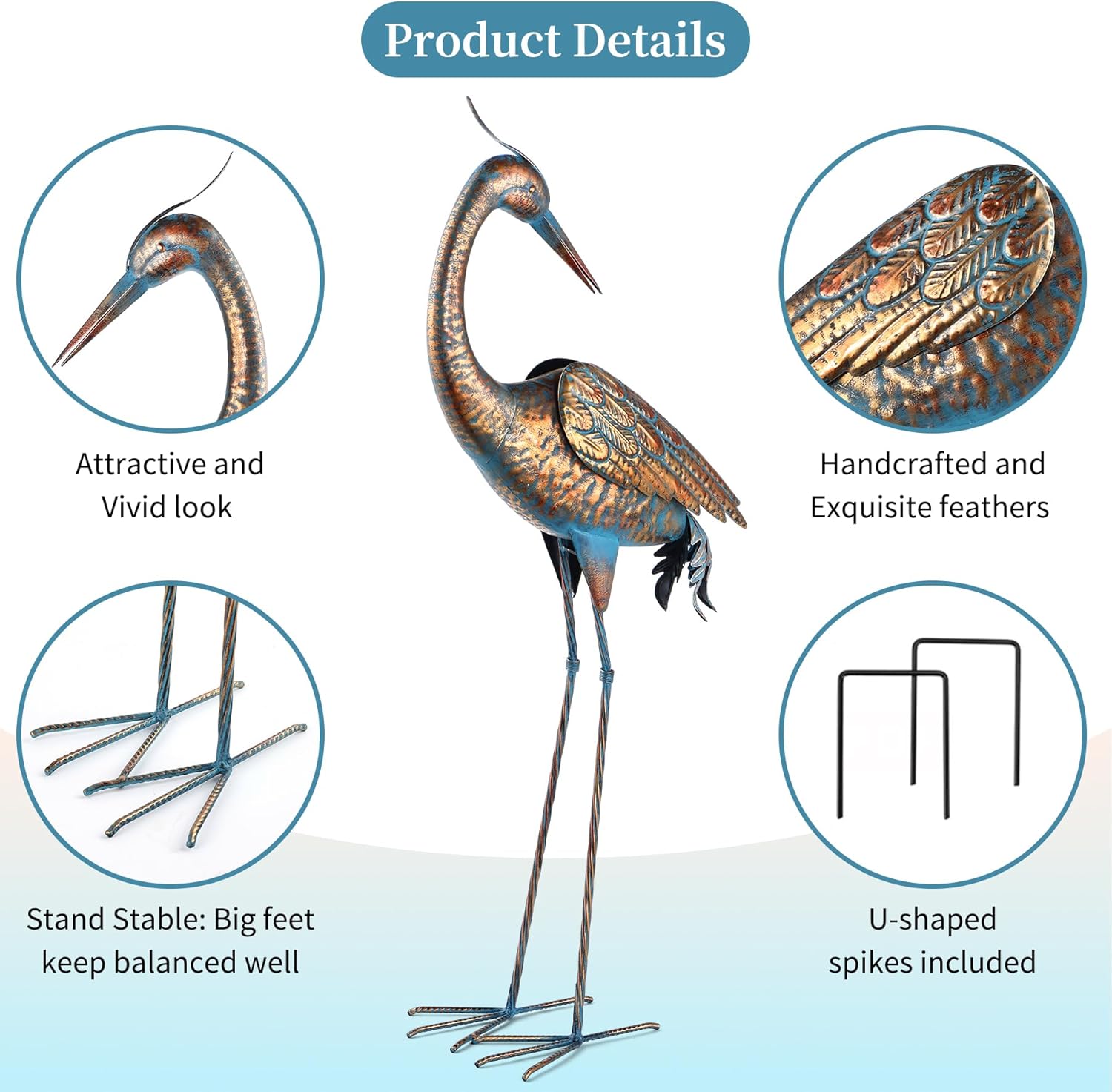 Garden Crane Statues Blue Heron Metal Yard Art Outdoor Decoration,Large Sculptures for Lawn Patio Porch,39-44 inch,Set of 2