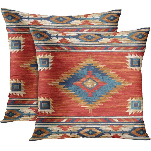 Throw Pillow Covers, Aztec Kilim Home Art Decor, 18 x 18 Inches Set of 2 Cushion Couch Sofa Cases, Abstract Oil Painting Pillowcases for Bedroom, Living Room, Geometric Tribal Decorative