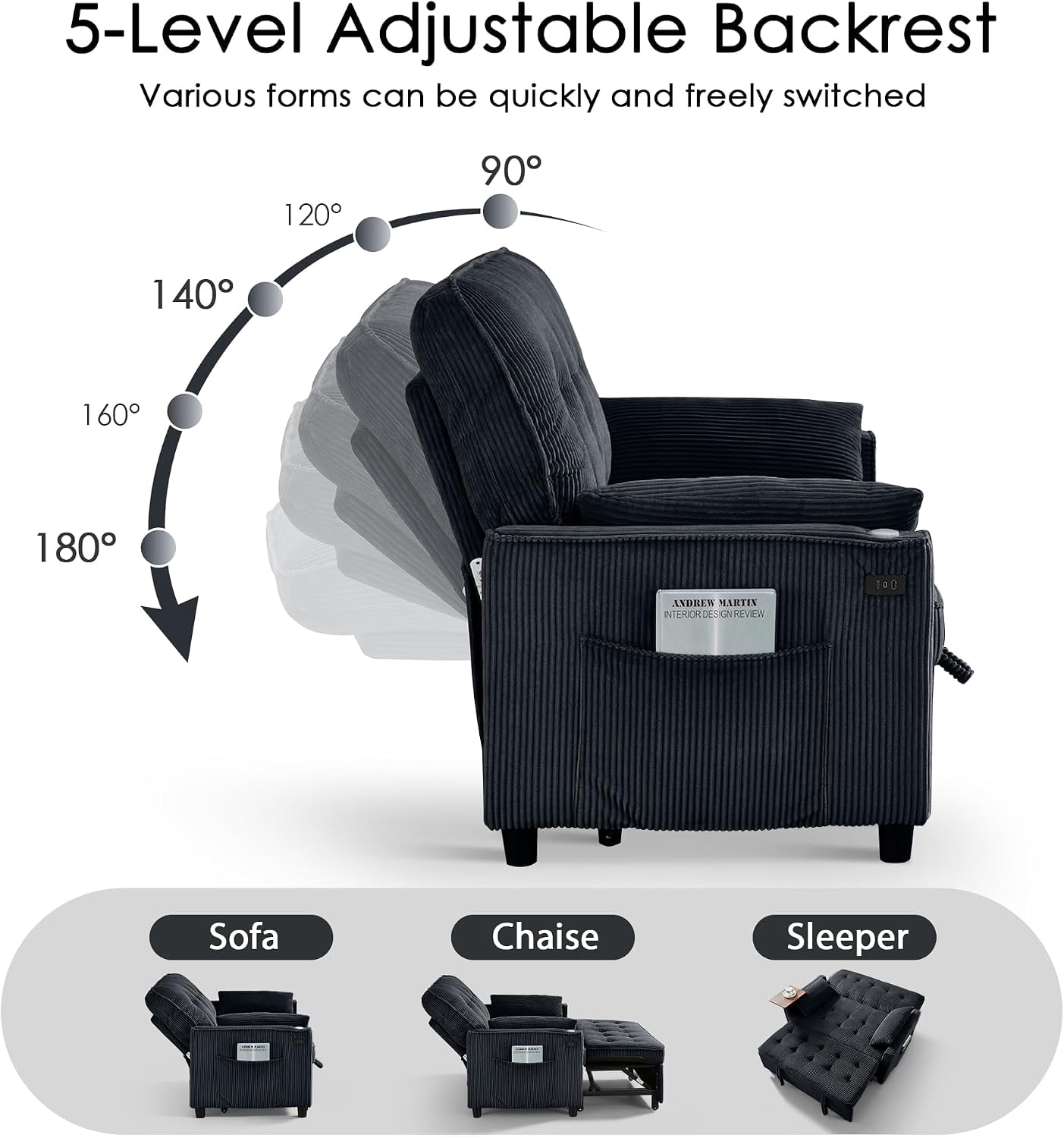55" Sleeper Sofa Bed, Convertible Pull Out Couch with Side Stand, USB Ports, Side Pockets, Corduroy Fabric, Adjustable Backrest, Black