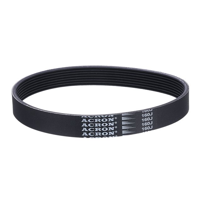 160J8 PJ V-Ribbed Belt with 8 ribs, measuring 16 inches in length, 0.74 inches in width, and 0.14 inches in height. Made of durable EPDM rubber, this poly V-belt is designed for high-temperature resistance, oil resistance, and wear resistance. It features a multi-rib design for enhanced traction, speed transfer, and load distribution. Suitable for industrial machinery, appliances, and power tools such as compressors, pumps, drills, and saws.