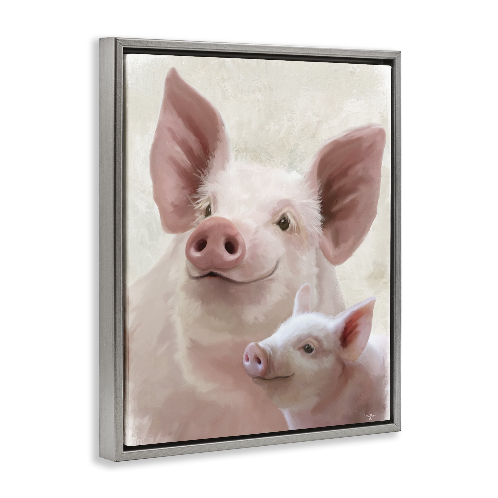 Stupell Industries Piglet & Mom Portrait Gray Framed Floater Canvas Wall Art, design by Mollie B.
