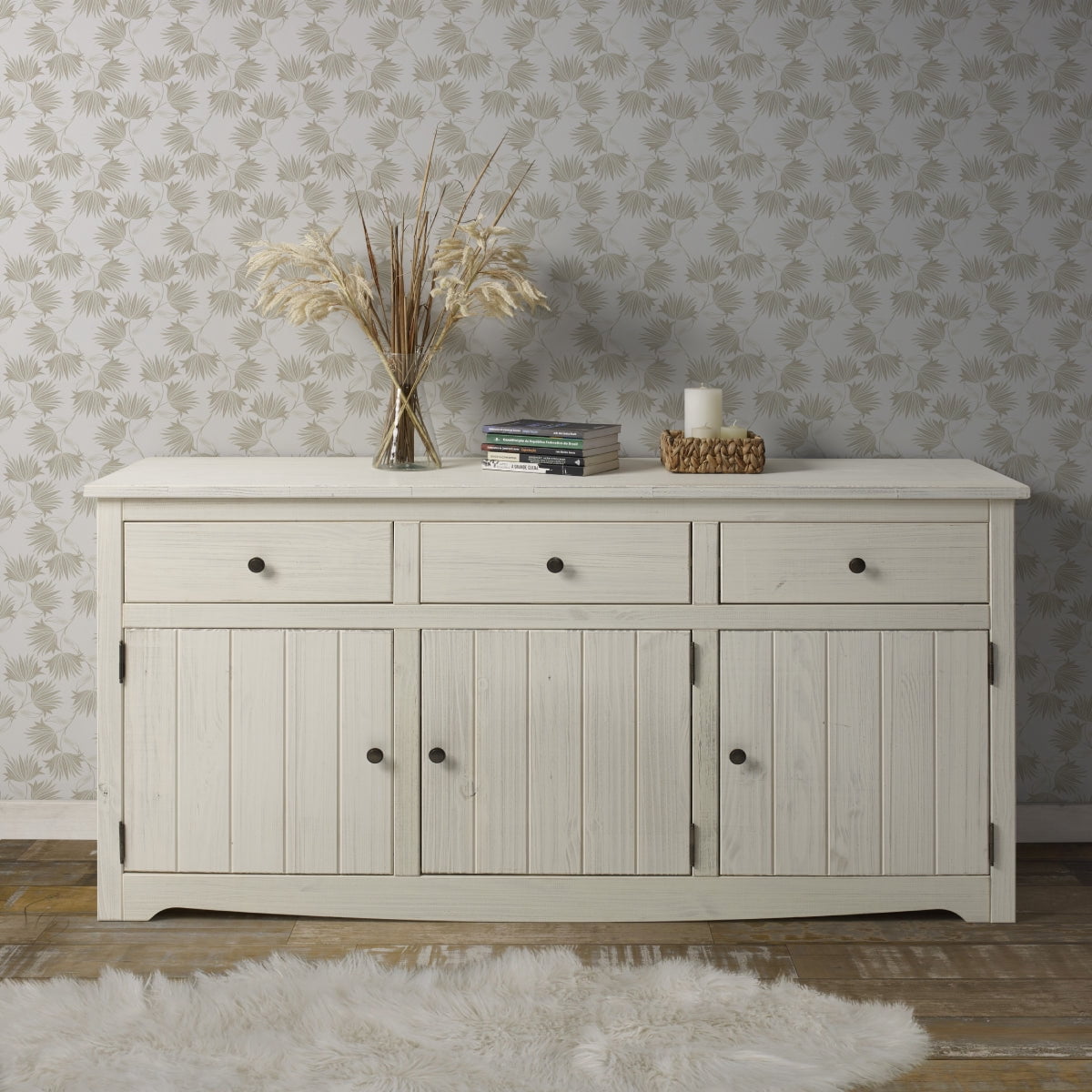 OSHOME 66" Farmhouse Solid Pine Accent Buffet Sideboard with 3 Drawers in Distressed White